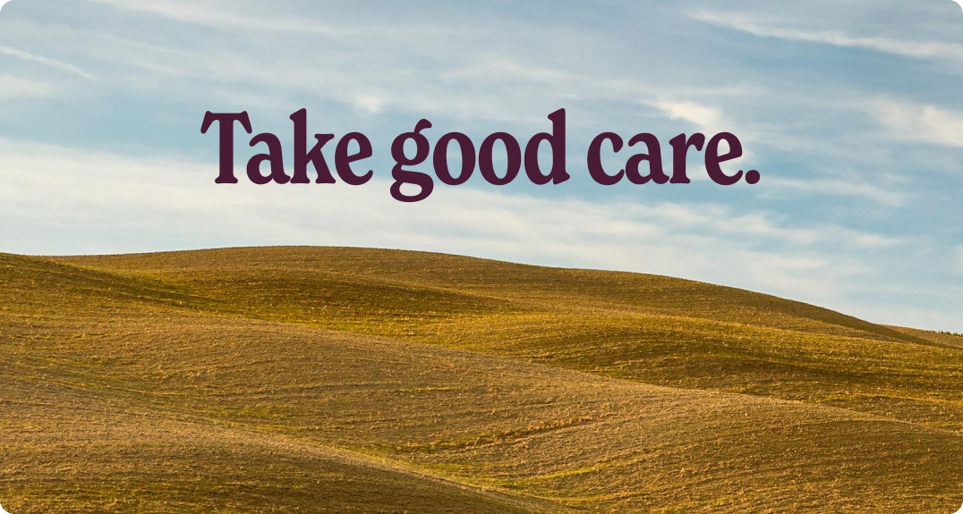 Footer image depicting a meadow with overlaying 'Take good care' heading